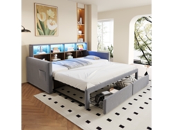 Cama Retráctil 90/180x190 Cm, Poltrona Cama Con Led, Usb, Cabecera Con Almacenaje, 2 Cajones, Terciopelo Gris Claro