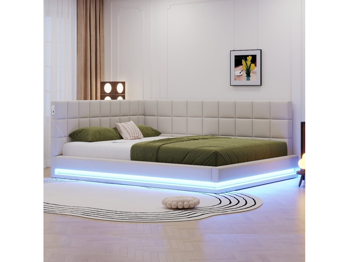 Sofá Cama De Lino 160x200 - Multifuncional Con Luces Led, Puerto Usb Y Somier - Beige