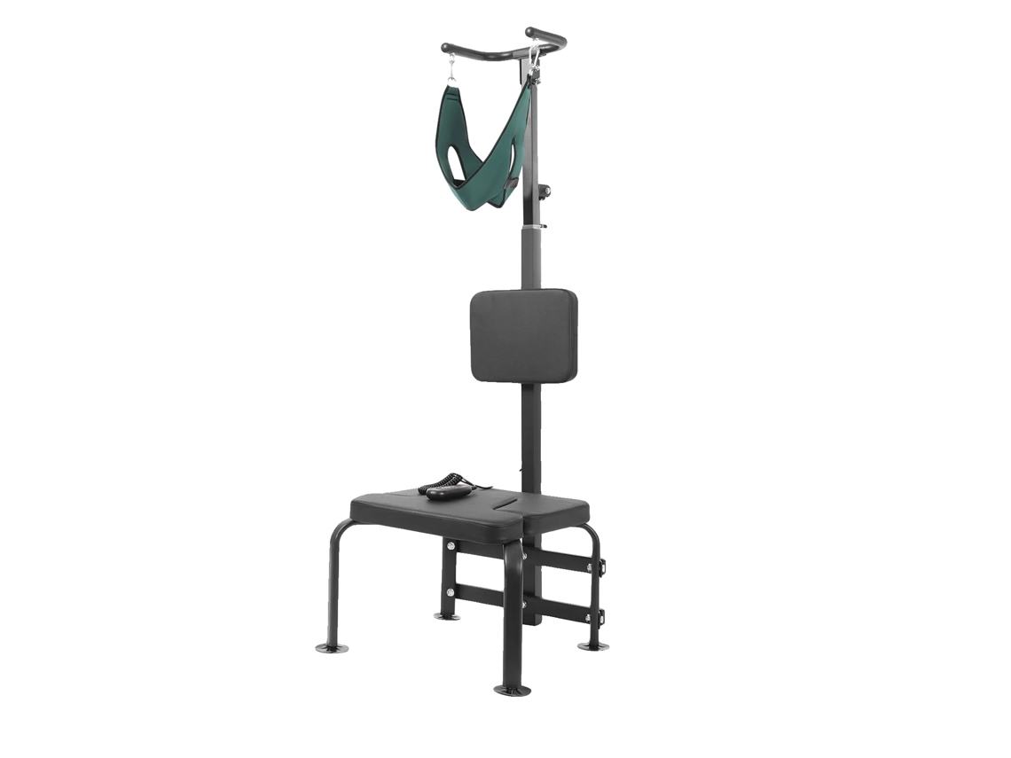 Dispositivo de tracción cervical, elevador hidráulico ajustable, carga máxima 6000 N, negro.