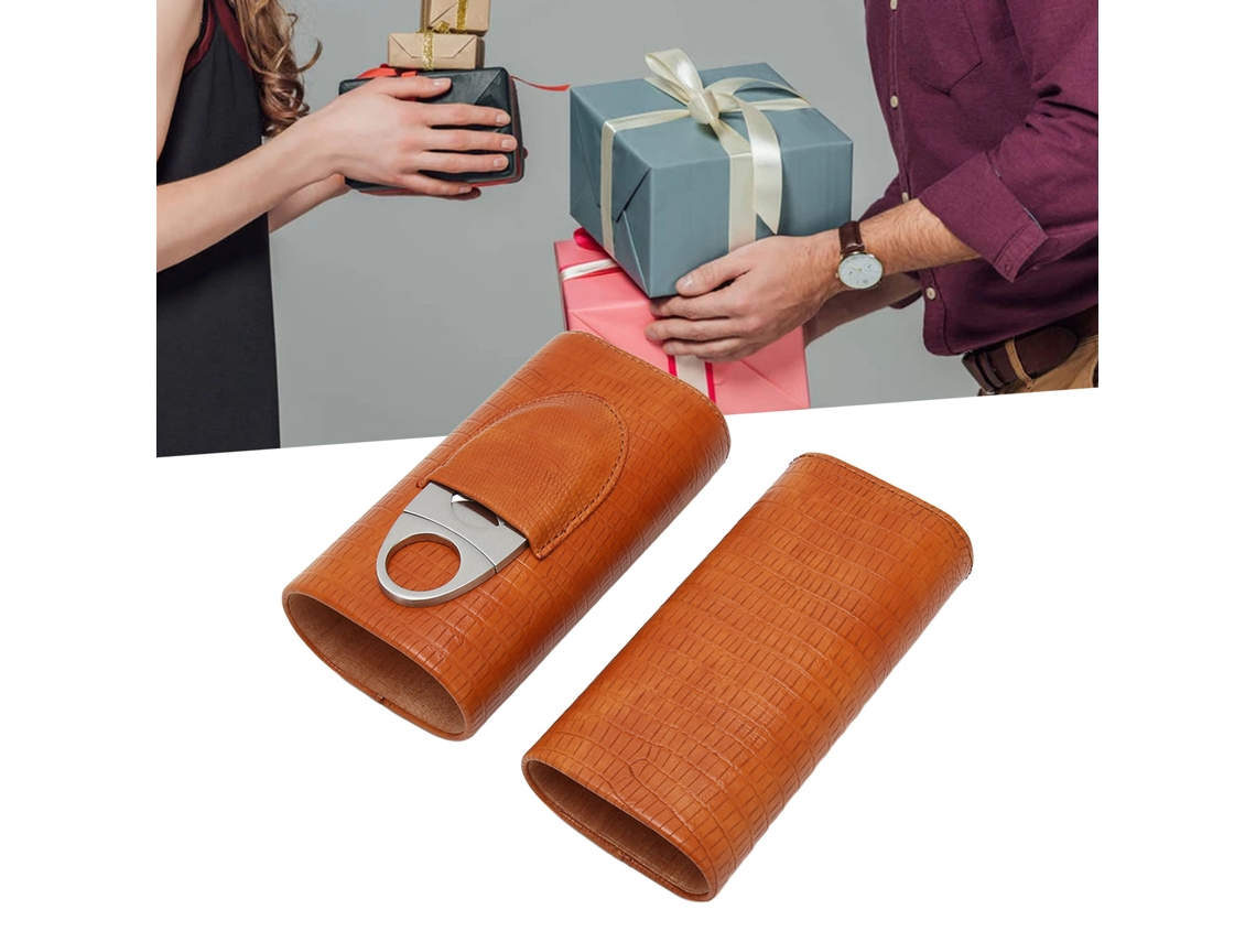 Estuche Portátil Para Puros De 3 Dedos Con Forro De Cedro, Piel Sintética Y Cortador Marrón.