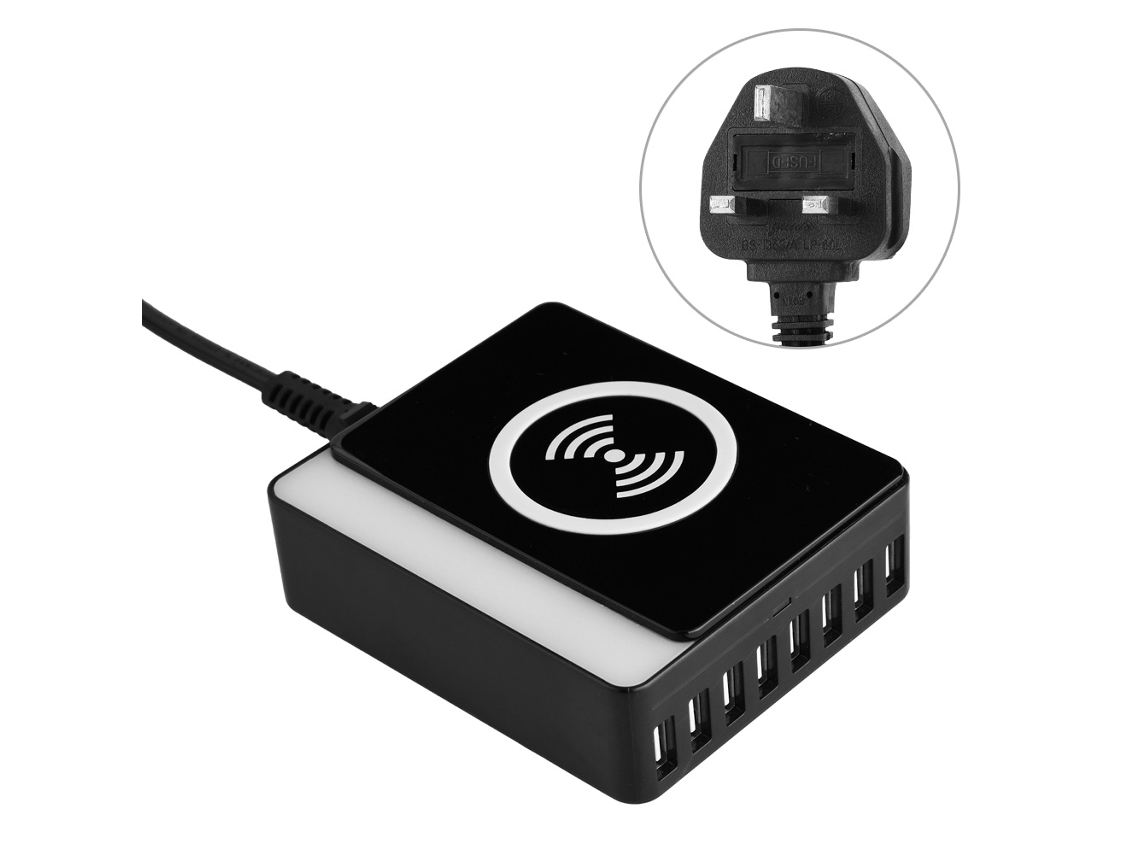 Cargador (carga Usb De 8 Puertos, Carga Inalámbrica) Cargador 2 En 1 De 60w Con 8 Puertos Usb + Inalámbrico Mt-08w (enchufe Uk)