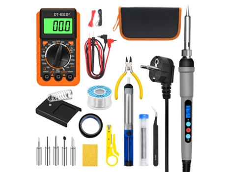 Juego de soldador electrónico, soldador LED 60 W 180-500 °C Temperatura ajustable con multímetro digital, 6 puntas de soldadura, bomba desoldadora,...