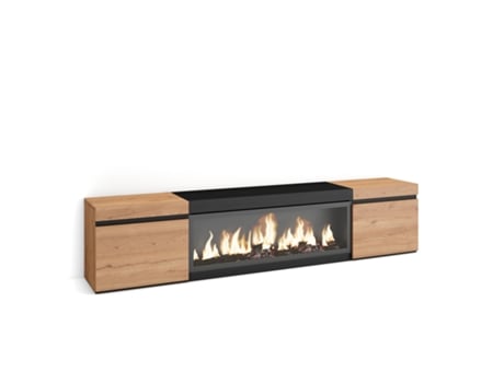 Mueble TV, Televisión, 210, Para TV hasta 80, Chimenea eléctrica XXL, Roble y negro SKRAUT HOME
