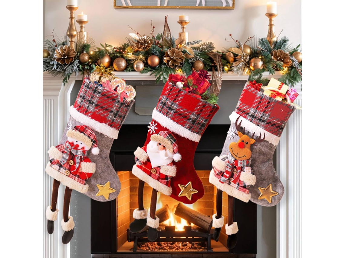 Meias De Natal Penduradas, 3 Unidades, Decoração De Natal, Meias De Natal Grandes Personalizadas Para Crianças, Vermelhas E Cinzentas.