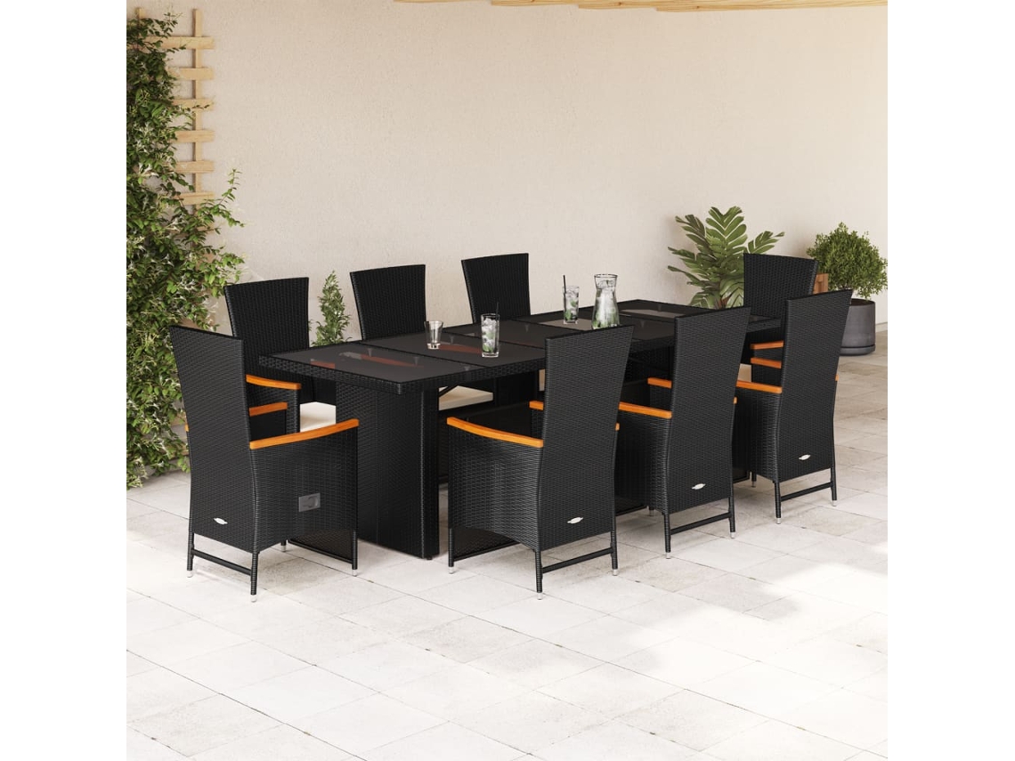 Juego de comedor de jardín de 9 piezas con cojines de mimbre negros de DKD Home Decor