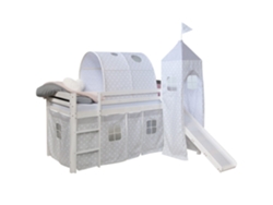 Cama Alta De 90x200cm Con Escalera Y Tobogán De Madera Blanca Tela Gris Con Estrella Túnel Y Torre Lit06182