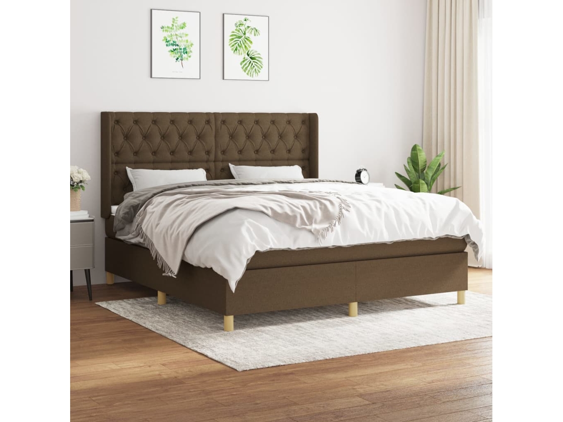 Cama Box Spring Con Colchón Tela Marrón Oscuro 160x200 Cm
