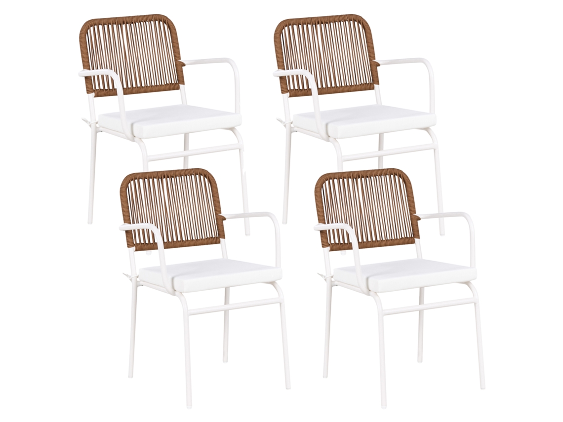 Conjunto de 4 sillas de exterior Beliani Taceno con cojines en aluminio blanco 46x52x82
