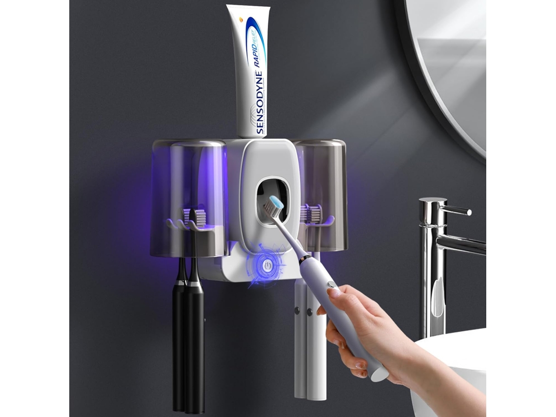 Portacepillos de dientes de pared con dispensador automático y 2 vasos gris Aeuzwr