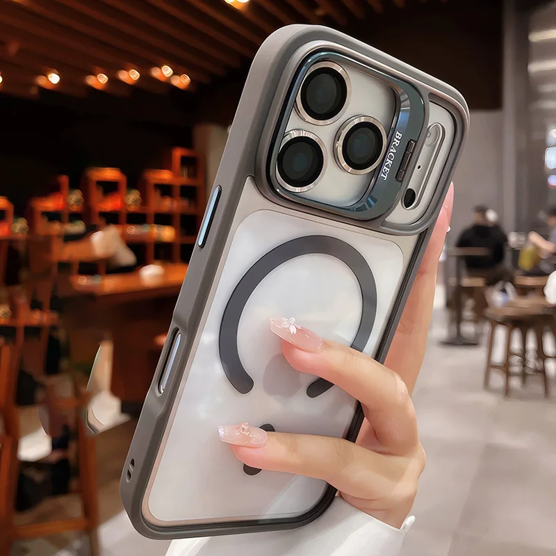 (iphone 13 Gris) Funda Magnética Transparente Para Teléfono, Soporte Acrílico, Lente De Cristal