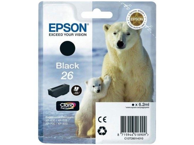 Cartucho de tinta original EPSON, 26, Oso polar 6,2 ml , Negro, C13T26014022, T2601