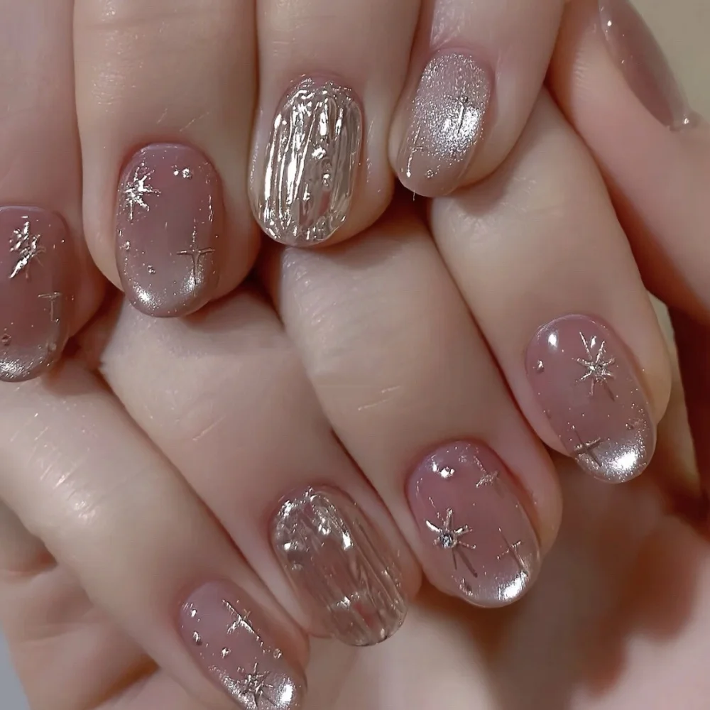 (wy663-s) 10 Uñas Postizas Rojas Estilo Ojo De Gato Hechas A Mano, Puntas De Uñas Cortas Estilo Ballet