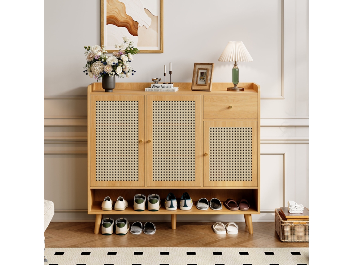 Zapatero De Ratan Natural 120x106x35 Cm - 3 Puertas, 1 Cajón, 5 Estantes, Madera Maciza