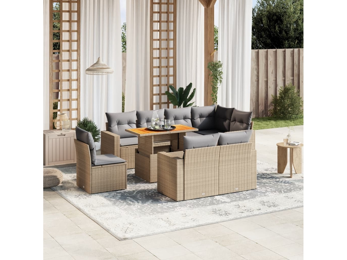Conjunto de sofá de jardín de 9 piezas con cojines, mimbre sintético beige, Dkd Home Decor
