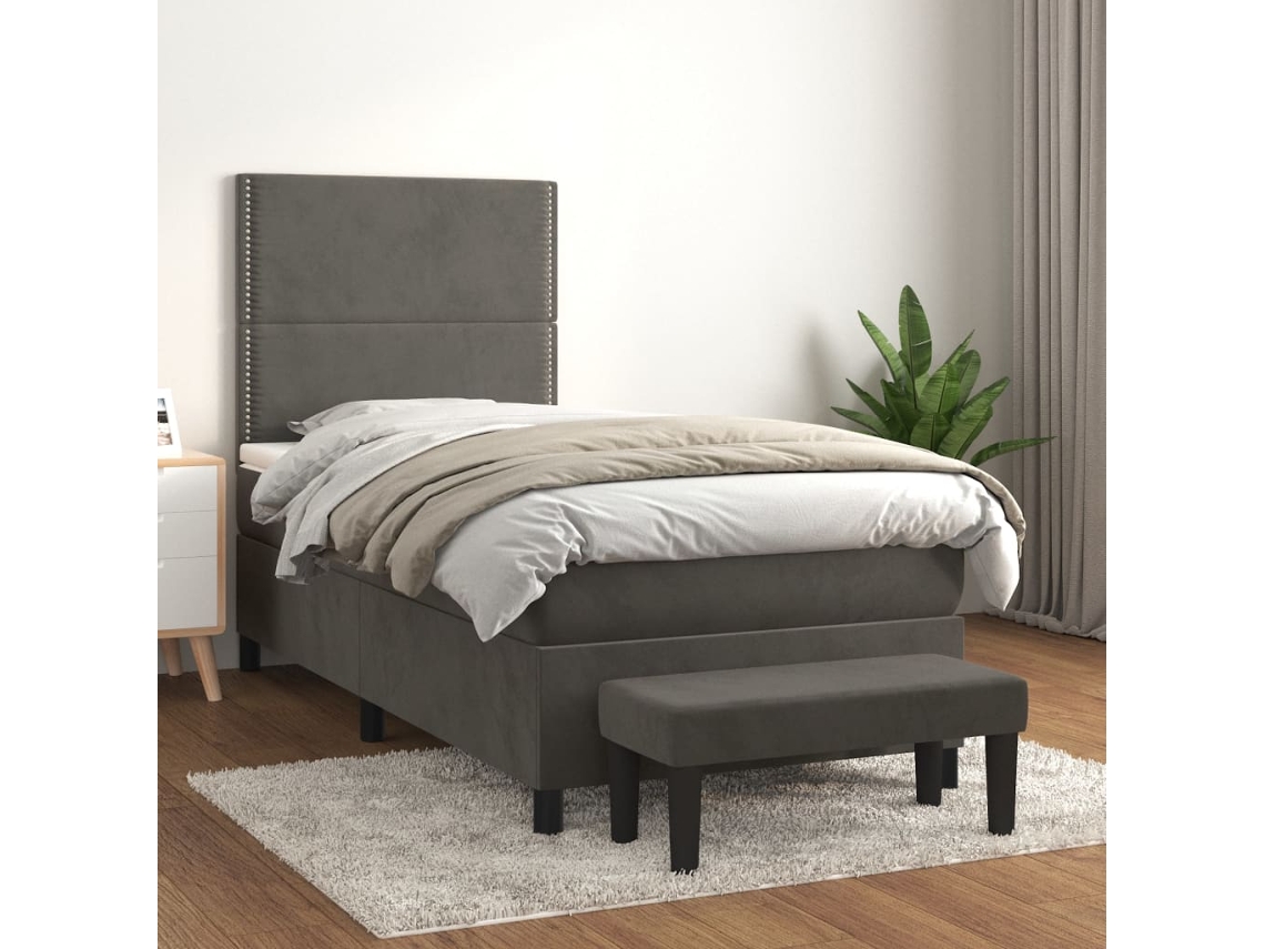 Cama Box Spring Con Colchón Terciopelo Gris Oscuro 100x200 Cm