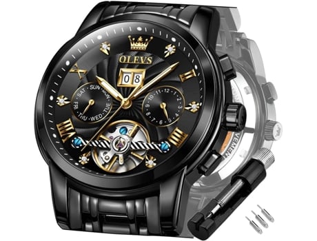 VEANXIN Reloj luminoso impermeable de acero inoxidable mecánico automático Tourbillon para hombre(negro)