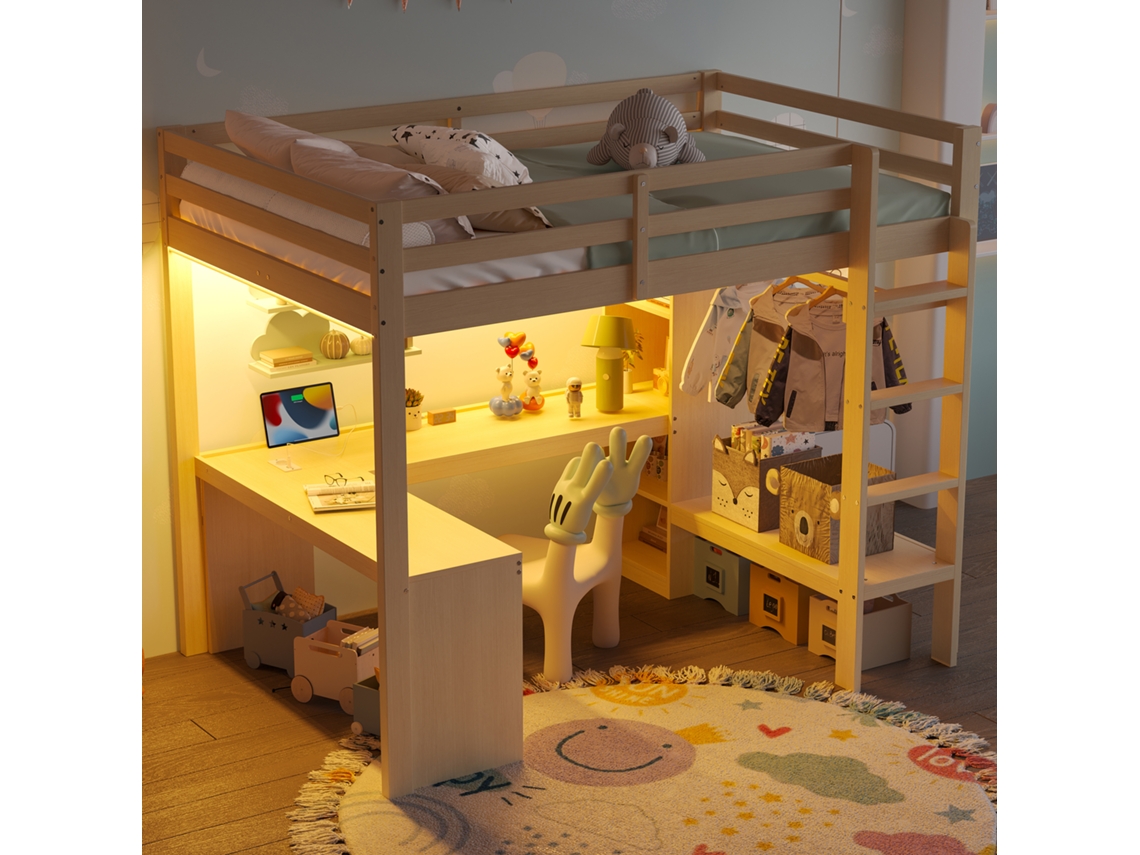 Cama Alta 140x200 - Estanterías Multifunción, Escritorio Inferior, Luz Led Y Usb - Natural