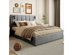 Cama LED de 140 x 200 cm, somier con láminas y espacio de almacenaje, cama juvenil funcional en terciopelo, color gris Ycone