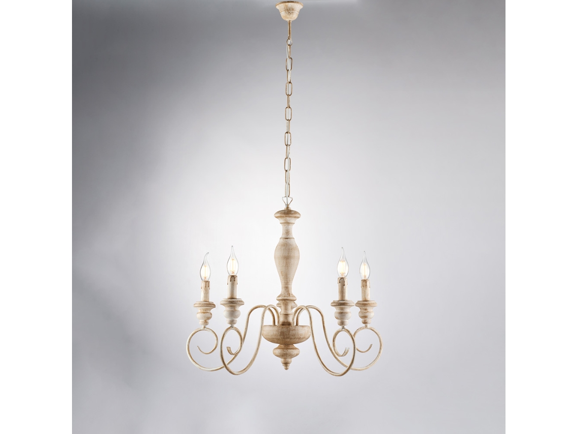 Cascina - Araña De Madera Y Hierro Blanco Y Gris Tórtola 5 Luces 115 - Ø60 - Bl265-5-bt