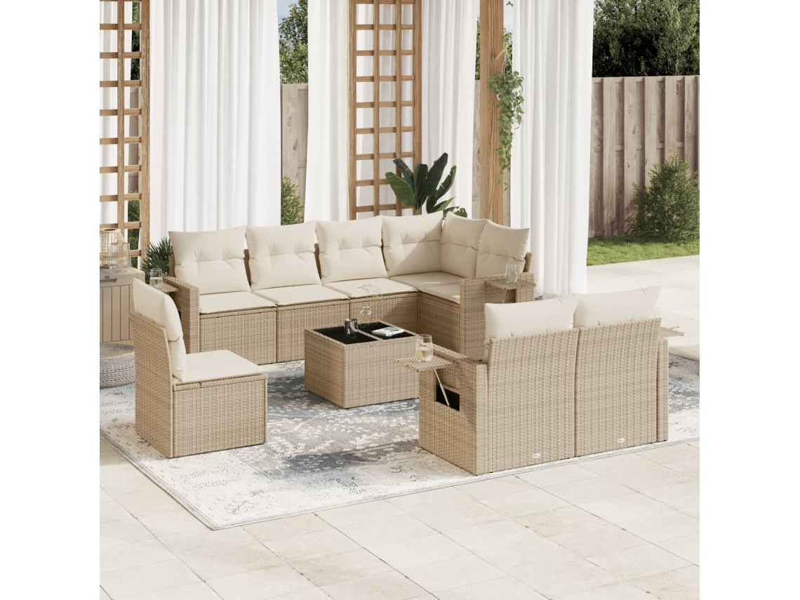 Conjunto de sofá de jardín de 9 piezas con cojines, mimbre sintético beige, Dkd Home Decor