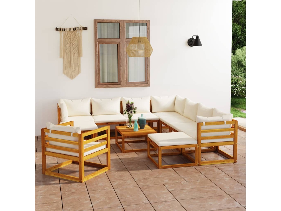 12 Piezas Conjunto Lounge Jardim C/ Almofadões Acácia Maciça Creme Dkd Decoración Del Hogar