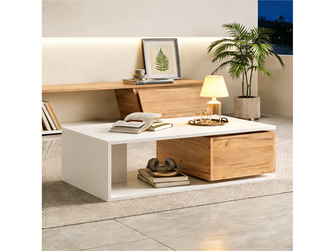Mesa de centro con cajones giratorios 360° en blanco con detalles en madera QINGYU TECH (90x50x30 cm)