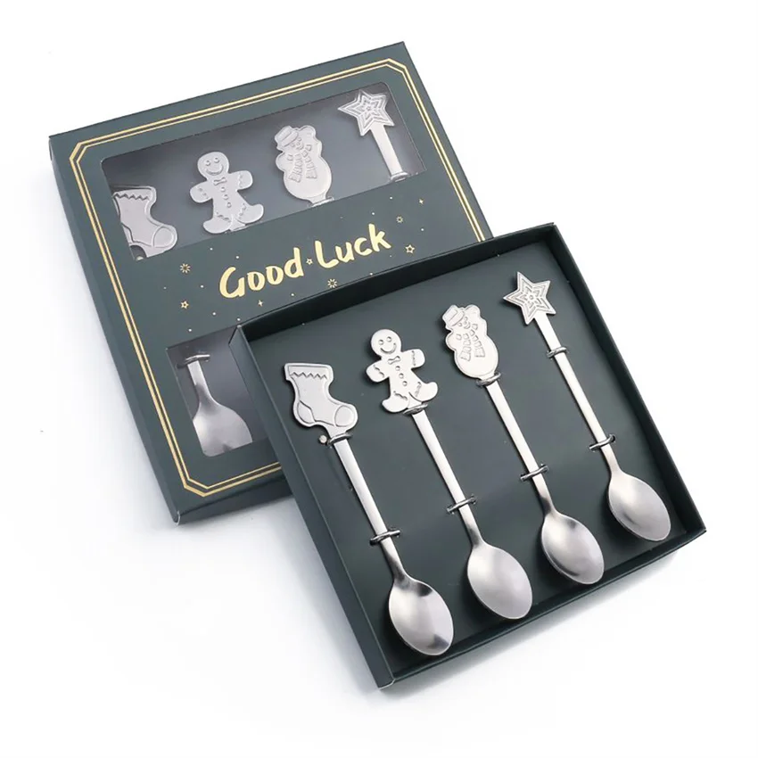 Cuchara navideña de acero inoxidable con caja de regalo, cuchara de postre con forma de hombre de jengibre. Mdug (plata c)
