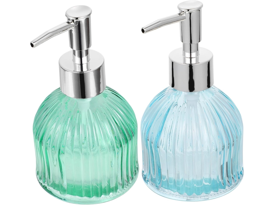 Juego de 2 dispensadores de jabón líquido recargables de vidrio transparente para cocina y baño.