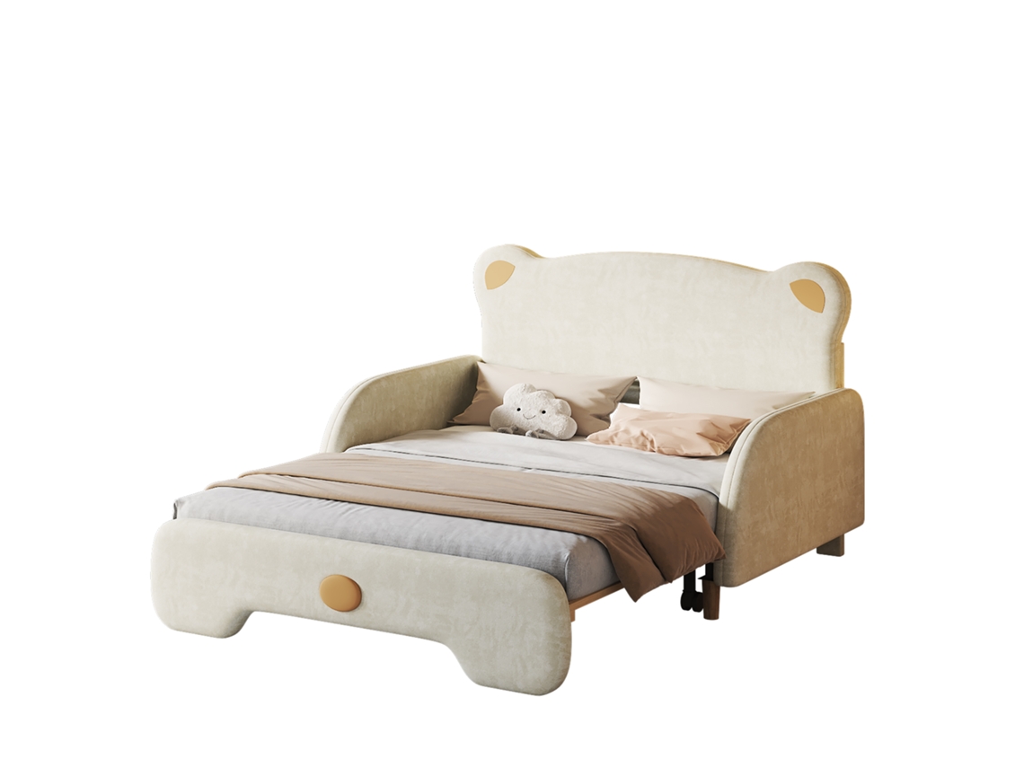 Cama infantil con estructura y cabecero tapizados, forma de oso, muebles de madera, terciopelo beige (140 x 200 x 107 cm)