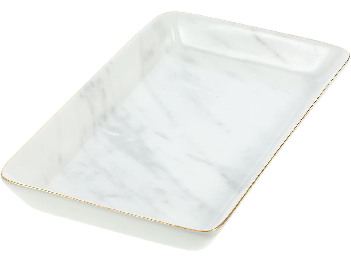 Bandeja Cerámica Blanca Grande Fácil Limpiar Diseño Mármol Estilo Nórdico Borde Dorado Perfecta Organizar