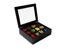 Relaxdays Caja De Té, 12 Compartimentos, Bambú, Para Bolsitas, Con Ventana, 8 X 28 X 23 Cm, Negro