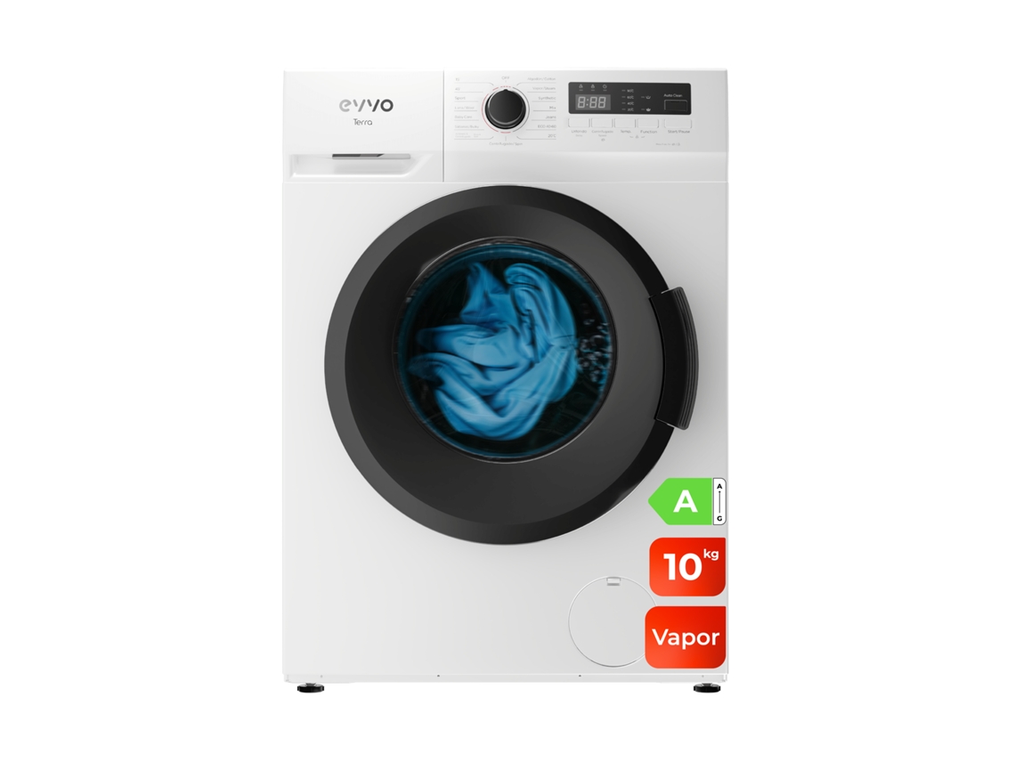 Lavadora Evvo Terra 10 con carga frontal de 10 kg, 1350 rpm, clase energética A, motor Inverter, 15 programas.