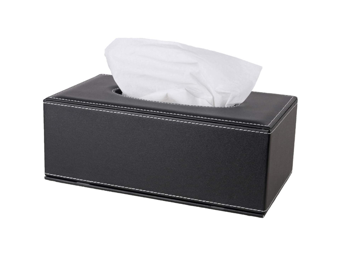 Caja rectangular premium para pañuelos con tapa y soporte para pañuelos, color negro, con base magnética.