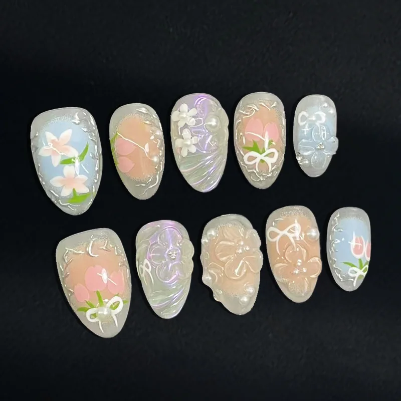 (g146-l) 10 Uñas Postizas Hechas A Mano Con Forma De Almendra, Pegatinas Adhesivas Para Uñas Con Estrellas De Pedrería.