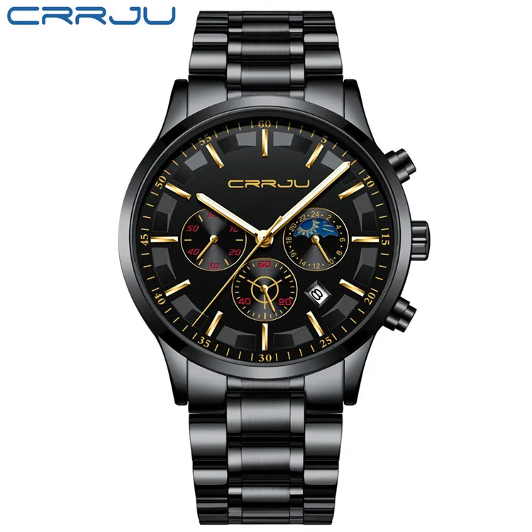 Relógio Masculino (preto E Dourado), Elegante E Esportivo, Todo Em Aço Inoxidável E À Prova D'água.