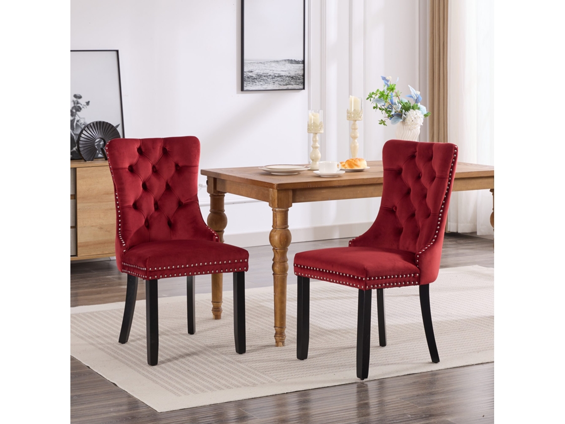 Sillas de comedor, 2 unidades, capitoné de terciopelo, patas de madera con tachuelas, color vino tinto, Mobrio