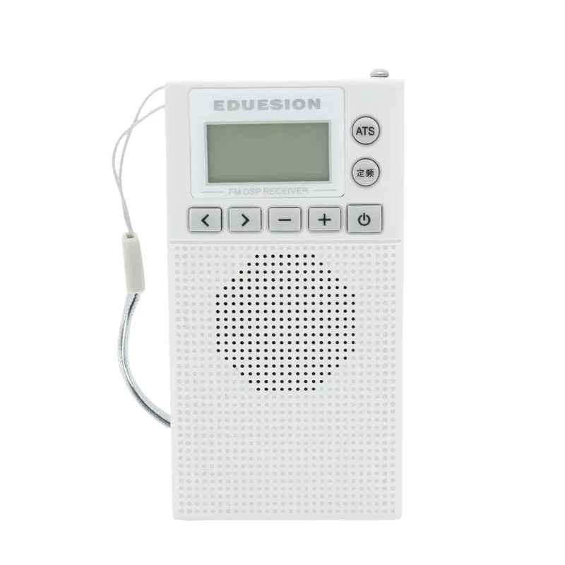 Mini radio FM (blanca), funciona con pilas, DSP, altavoz integrado, alta sensibilidad, con puerto para auriculares de 3,5 mm, 64-108 MHz.
