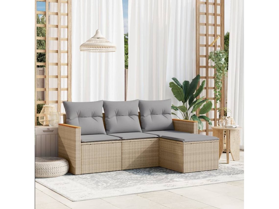 Conjunto de sofá de jardín de 4 piezas con cojines, mimbre sintético beige, Dkd Home Decor