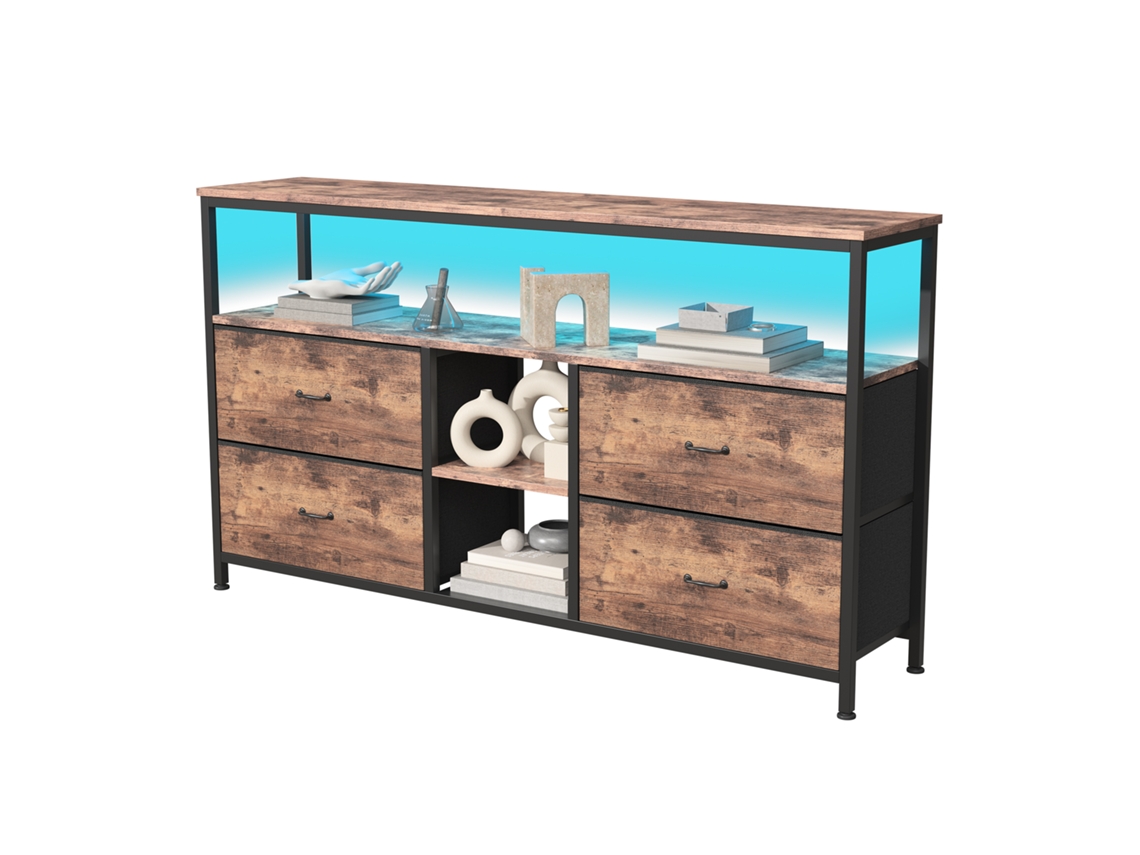 Mueble de TV con 4 cajones y luces LED, estilo retro, 108x29,8x76,8cm, marrón