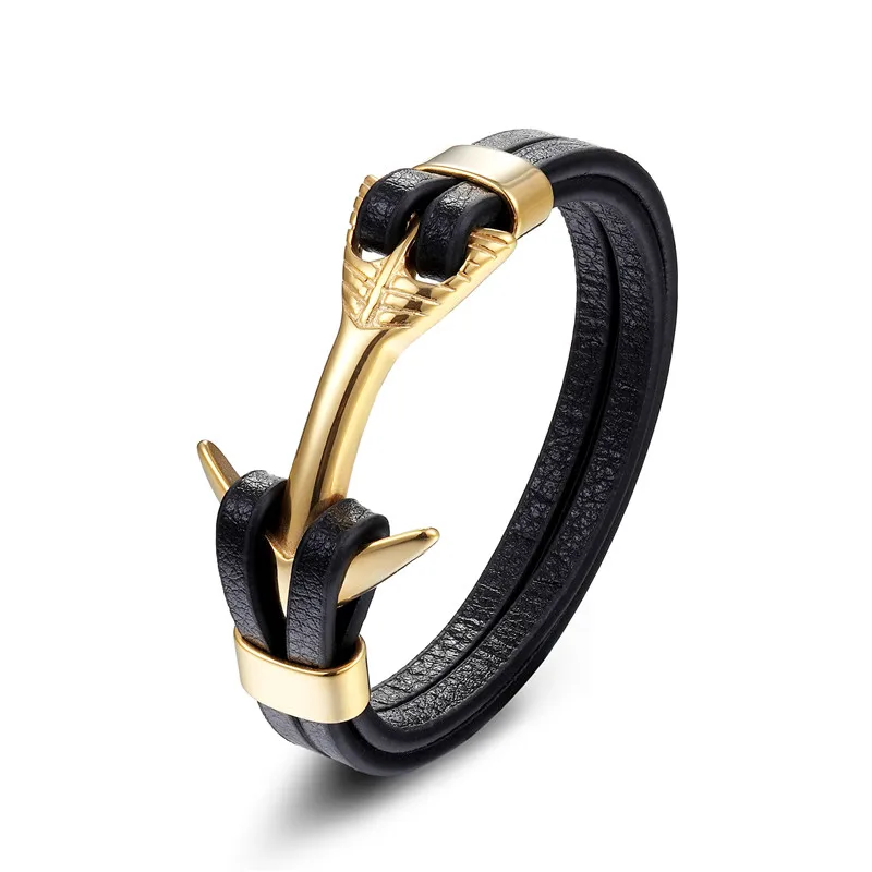 Pulsera De Ancla De Cuero Genuino Para Hombre, Pulsera Con Colgante De Acero Inoxidable