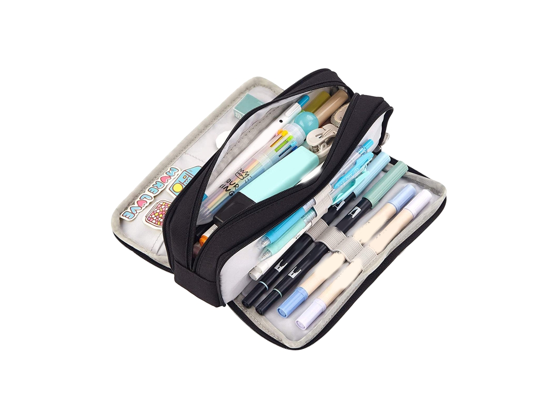 Estuche Grande De Lona Para Lápices Con 3 Compartimentos Y Dos Aberturas - Negro