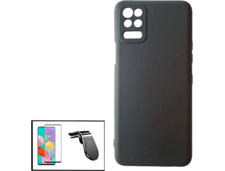 Kit Protector de Cristal Templado 5D Full Cover, Funda Silicona Liquida y Soporte Magnético L Safe Driving Coche LG Q52 PHONECARE Negro