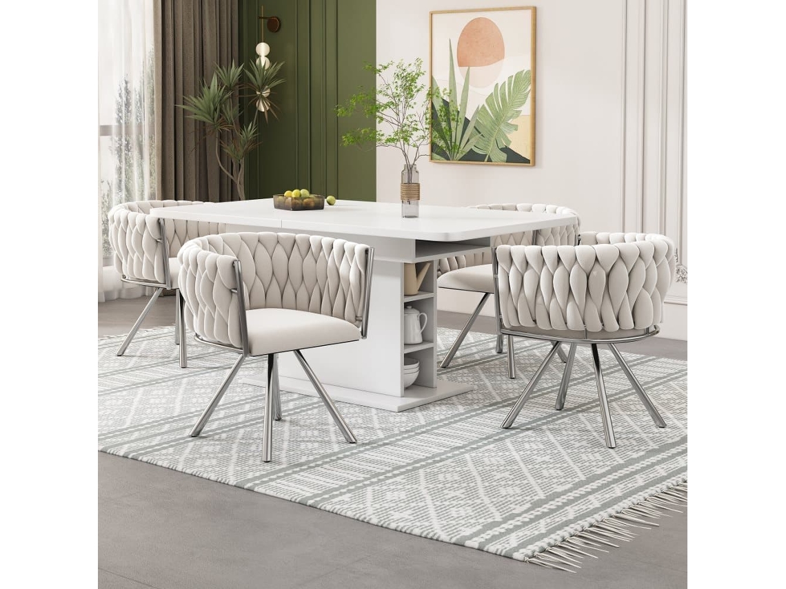 Juego De 2 Sillas Giratorias De Terciopelo Con Reposabrazos - Patas De Metal Plateado - Beige