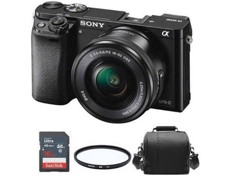 Kit Cámara Mirrorless, Objectivo y Accesorios SONY A6000 (24.3 MP - Sensor: CMOS - ISO: 100 a 25600)