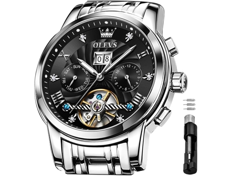 VEANXIN Reloj Tourbillon luminoso de acero inoxidable con fase lunar, mecánico, automático, hueco, resistente al agua, para hombre(negro)