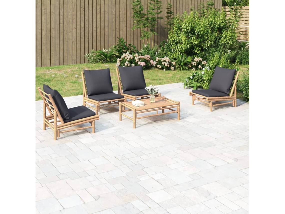Conjunto Lounge 5 Peças Jardim Bamboo C/ Almofadões Cinza Escuro Dkd Home Decor