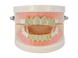 Parrilla Dental De Oro De 18k Con Cubitos De Circonita Pavé Macro. Incluye Barras De Modelado Ajustables Adicionales.