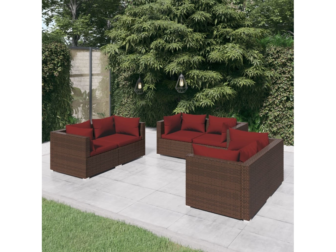 Pcs Conjunto Lounge Jardim C/ Almofadões Vime Pe Castanho Dkd Home Decor