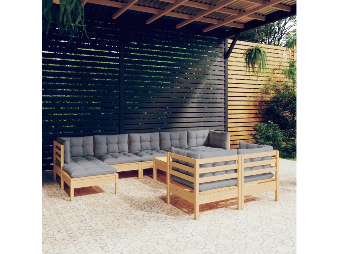 Conjunto de jardín de 10 piezas con cojines grises en pino macizo DKD Home Decor