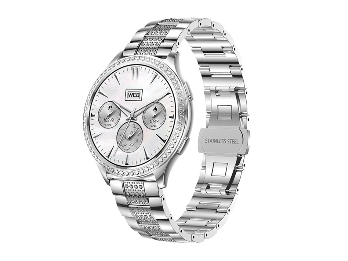 Reloj inteligente con llamadas Bluetooth, múltiples modos deportivos y detalles de diamantes plateados.